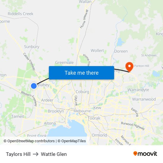 Taylors Hill to Wattle Glen map