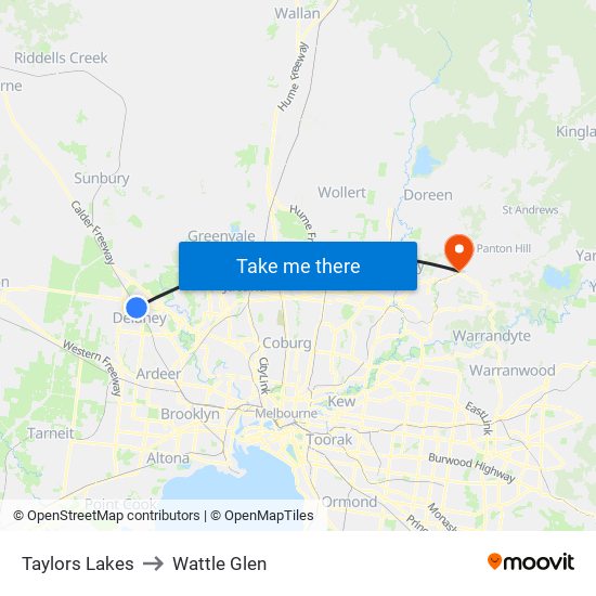 Taylors Lakes to Wattle Glen map