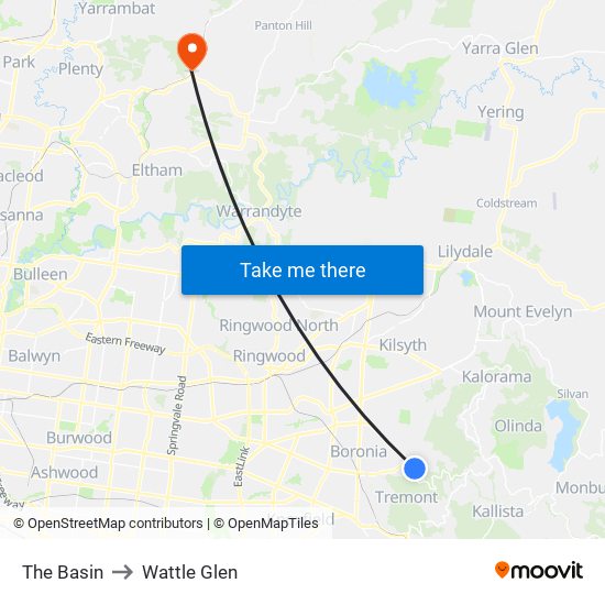 The Basin to Wattle Glen map