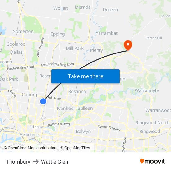 Thornbury to Wattle Glen map