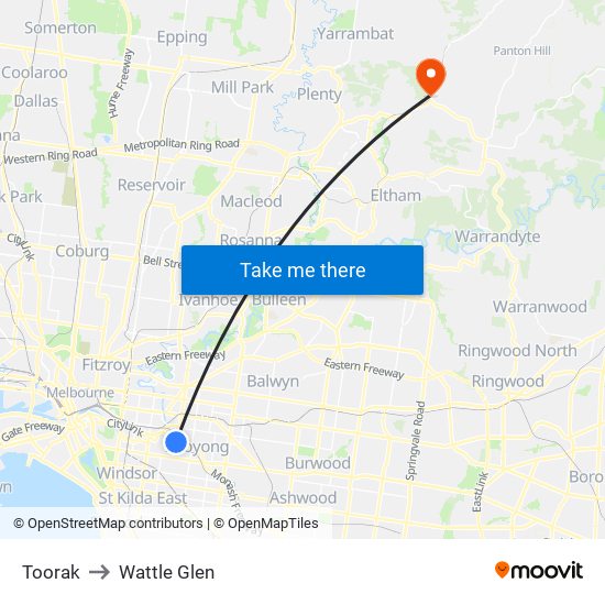 Toorak to Wattle Glen map