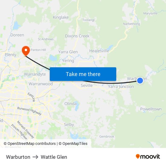 Warburton to Wattle Glen map