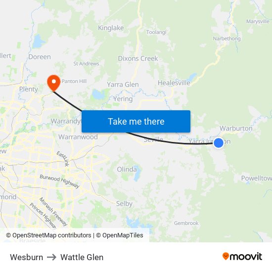 Wesburn to Wattle Glen map