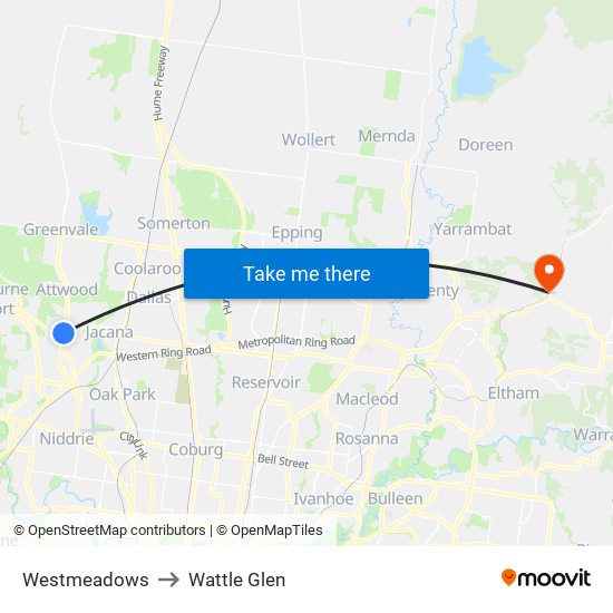 Westmeadows to Wattle Glen map