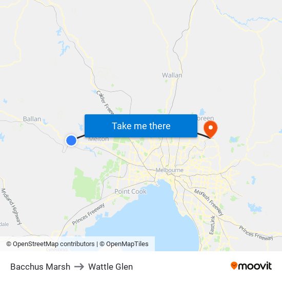Bacchus Marsh to Wattle Glen map