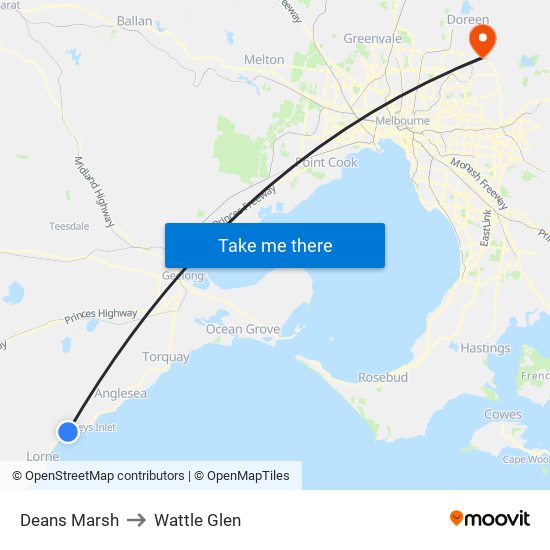 Deans Marsh to Wattle Glen map