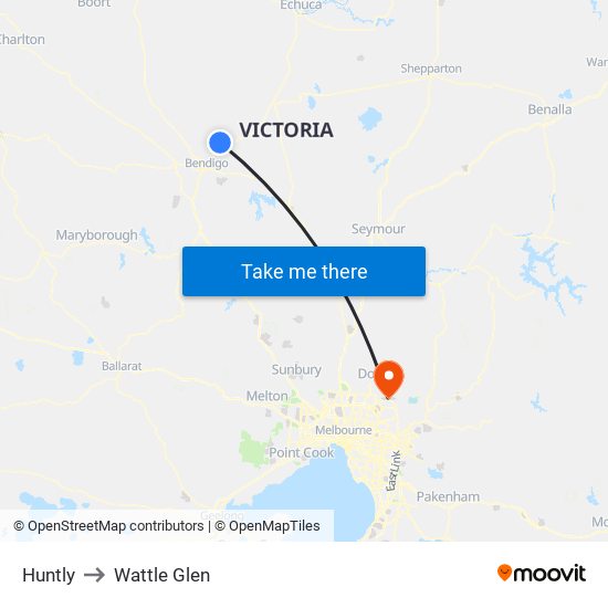 Huntly to Wattle Glen map