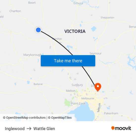 Inglewood to Wattle Glen map