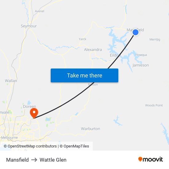 Mansfield to Wattle Glen map