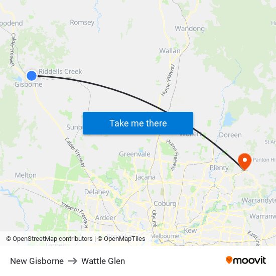 New Gisborne to Wattle Glen map