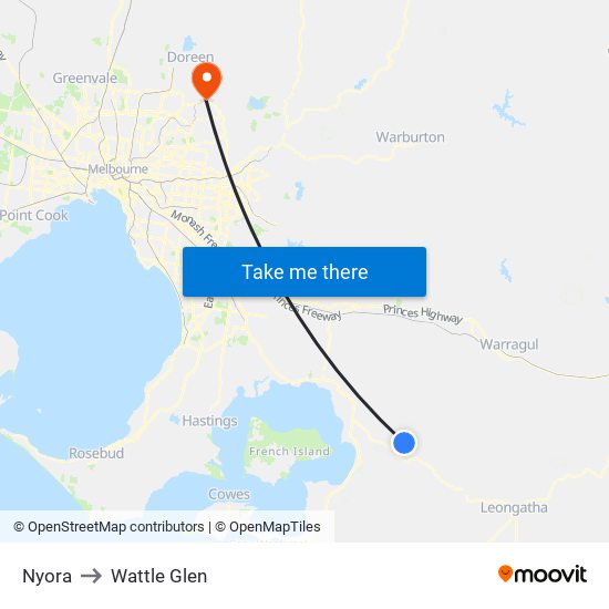 Nyora to Wattle Glen map