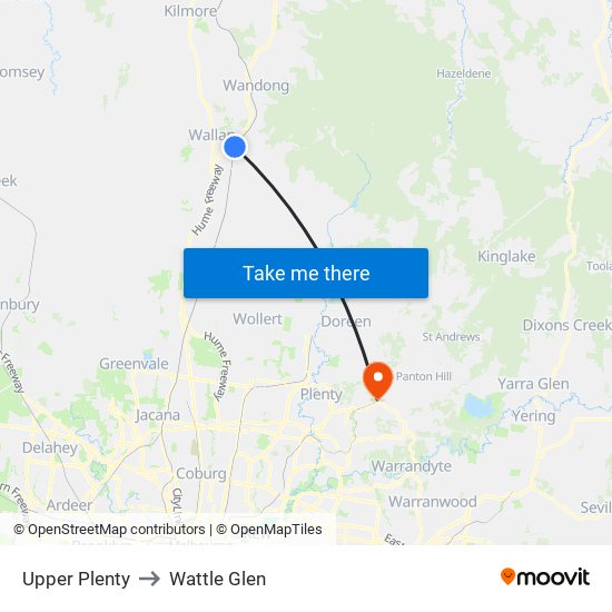 Upper Plenty to Wattle Glen map