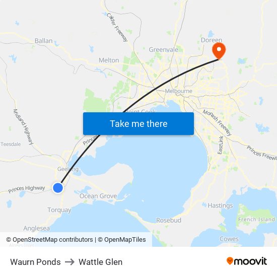 Waurn Ponds to Wattle Glen map