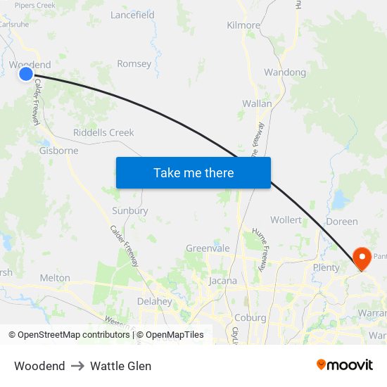 Woodend to Wattle Glen map