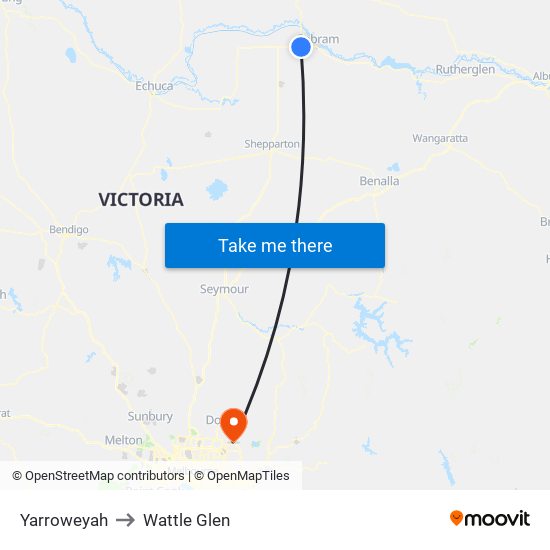 Yarroweyah to Wattle Glen map