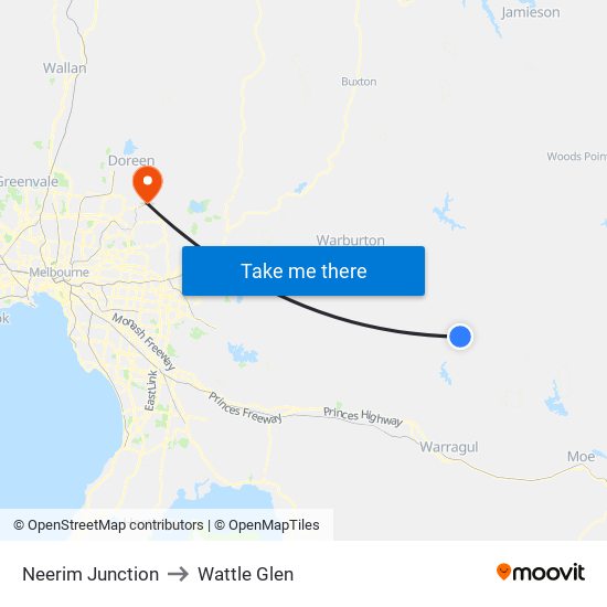 Neerim Junction to Wattle Glen map