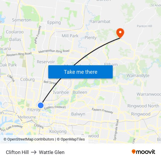 Clifton Hill to Wattle Glen map