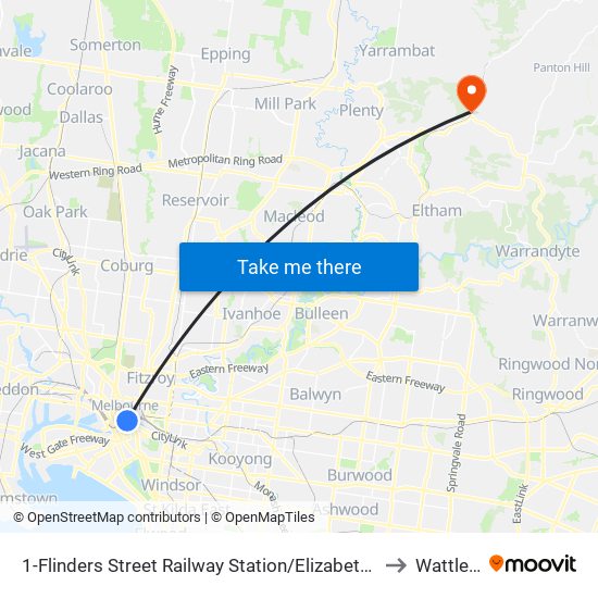 1-Flinders Street Railway Station/Elizabeth St (Melbourne City) to Wattle Glen map