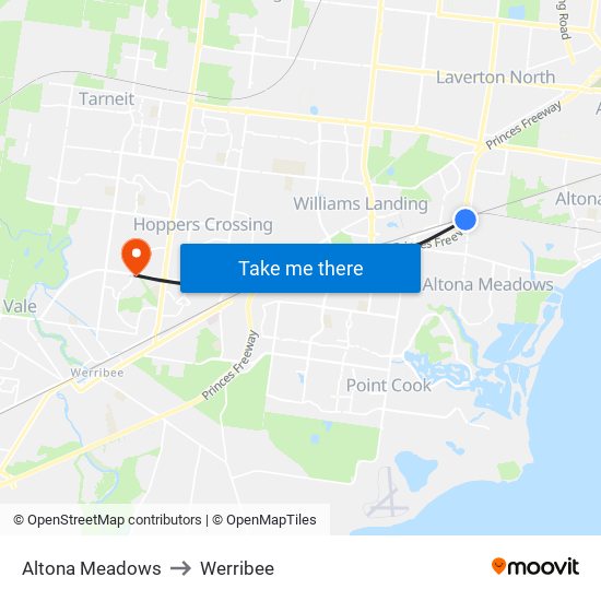 Altona Meadows to Werribee map