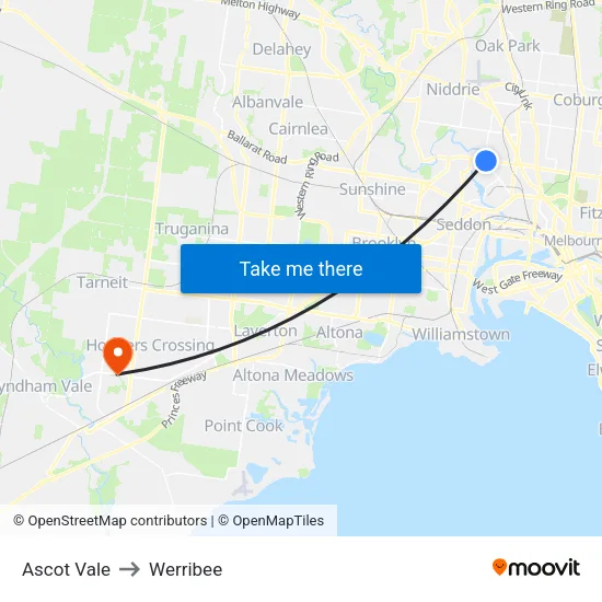 Ascot Vale to Werribee map