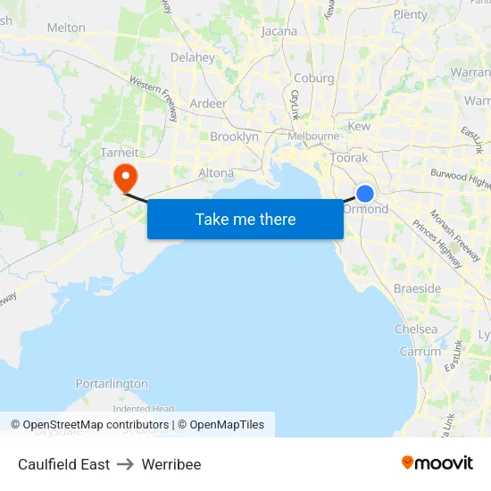 Caulfield East to Werribee map
