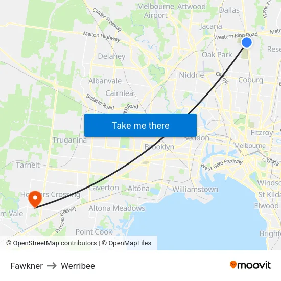 Fawkner to Werribee map