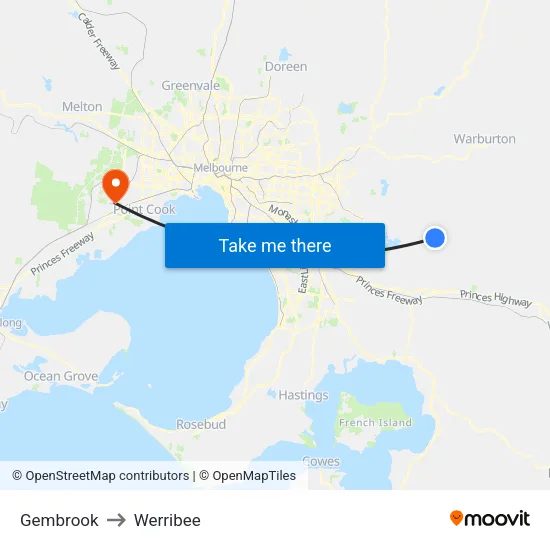 Gembrook to Werribee map