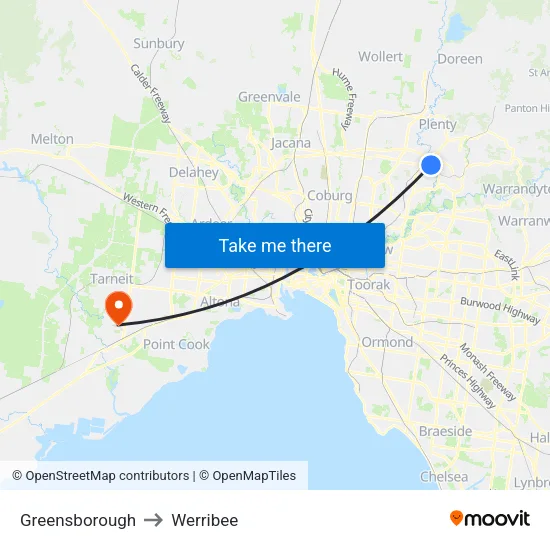 Greensborough to Werribee map