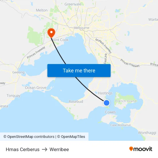 Hmas Cerberus to Werribee map