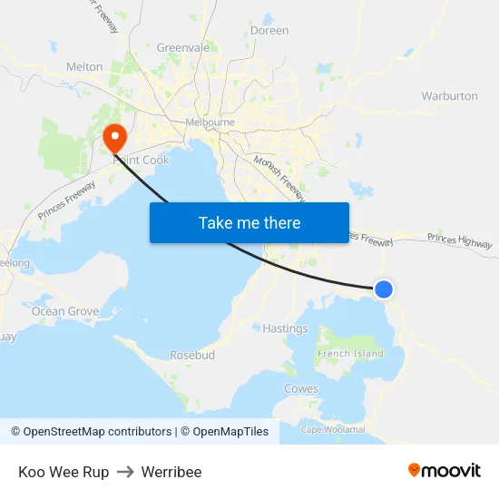 Koo Wee Rup to Werribee map