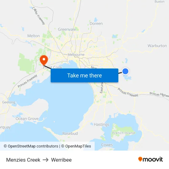 Menzies Creek to Werribee map