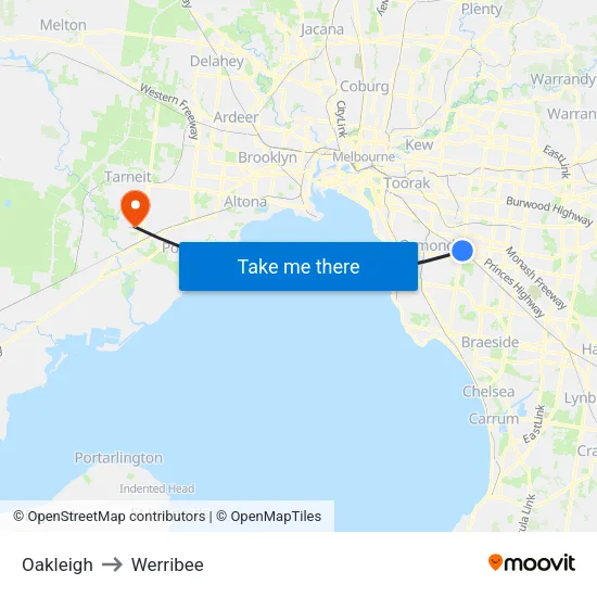 Oakleigh to Werribee map