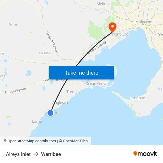 Aireys Inlet to Werribee map