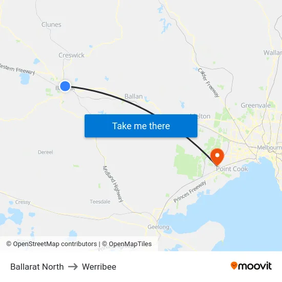 Ballarat North to Werribee map