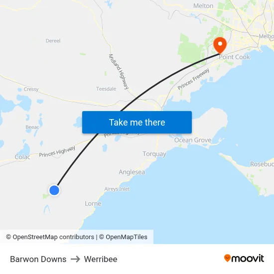 Barwon Downs to Werribee map