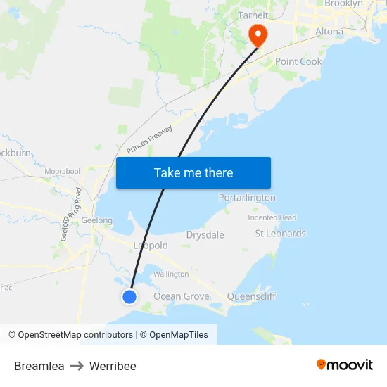 Breamlea to Werribee map