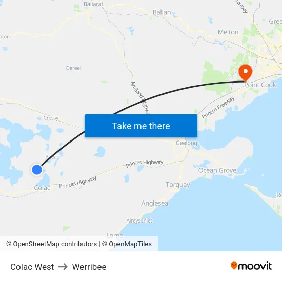 Colac West to Werribee map