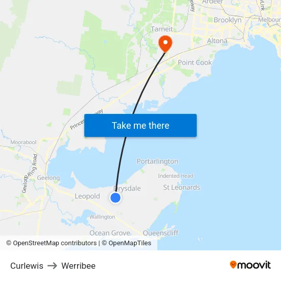 Curlewis to Werribee map