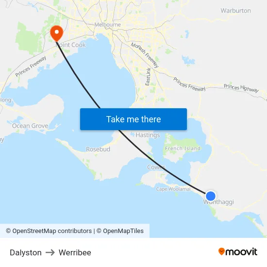 Dalyston to Werribee map