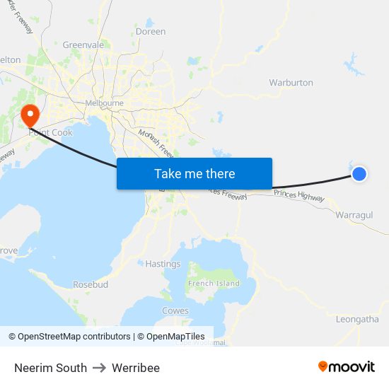 Neerim South to Werribee map