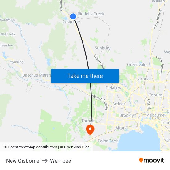 New Gisborne to Werribee map