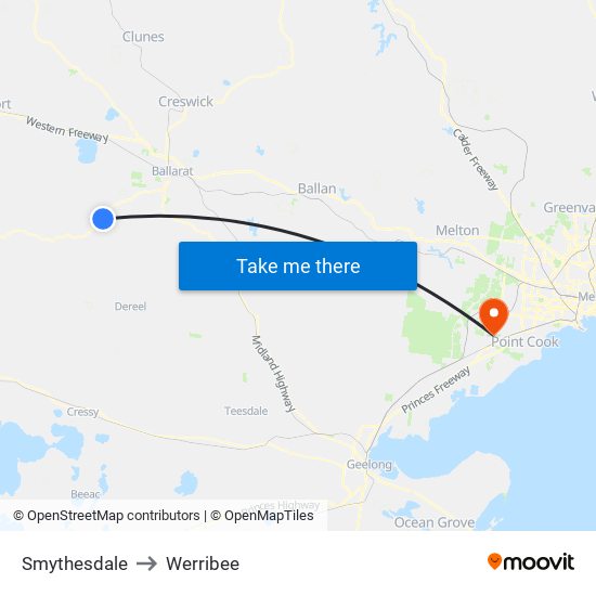 Smythesdale to Werribee map