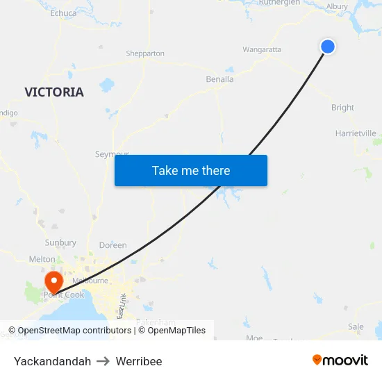 Yackandandah to Werribee map