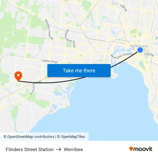Flinders Street Station to Werribee map