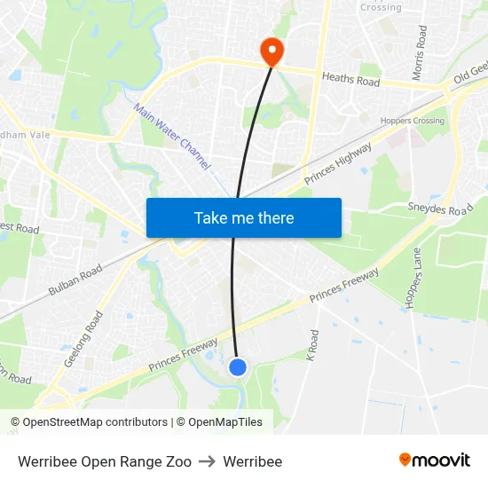 Werribee Open Range Zoo to Werribee map