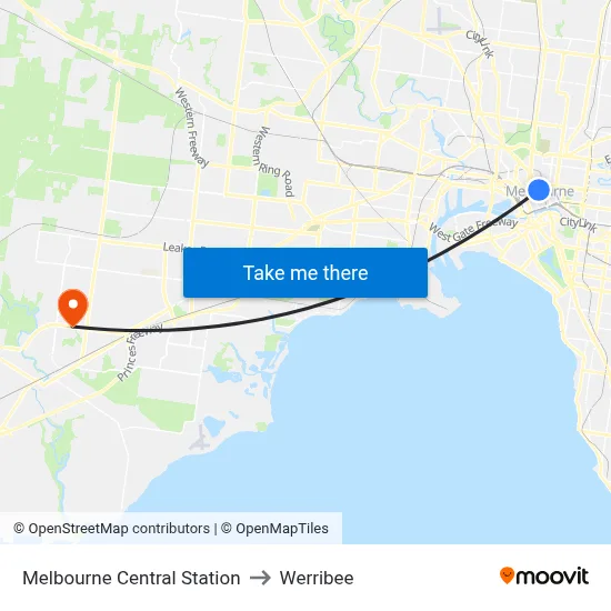 Melbourne Central Station to Werribee map