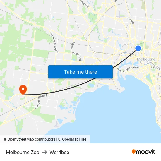 Melbourne Zoo to Werribee map