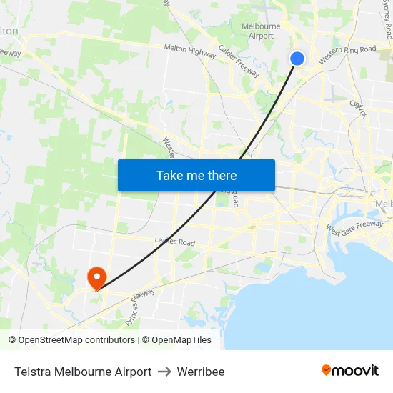 Telstra Melbourne Airport to Werribee map