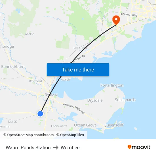Waurn Ponds Station to Werribee map