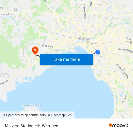 Malvern Station to Werribee map